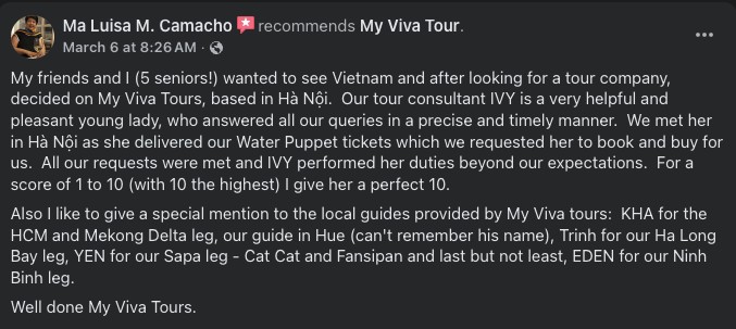 Ma Luisa Camacho's 5-star Facebook review of MyVivaTour - 5 seniors Vietnam tour perfect 10 score