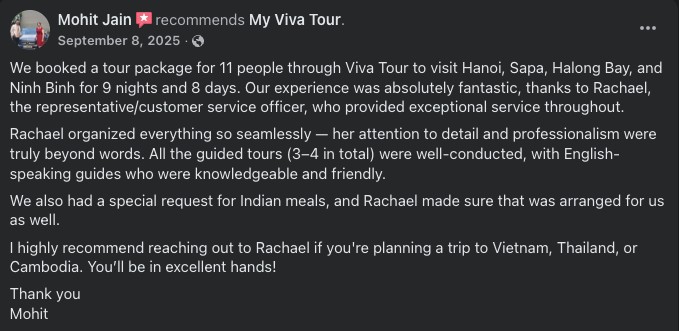 Mohit Jain's 5-star Facebook review of MyVivaTour - 11 people tour to Hanoi, Sapa, Halong Bay