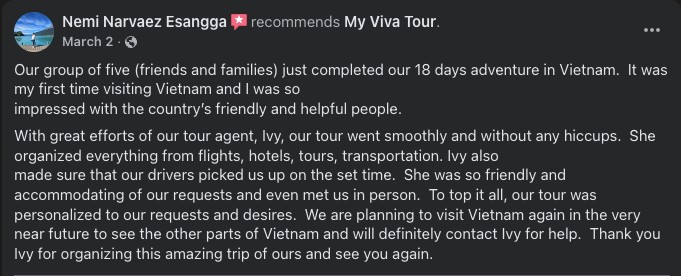 Nemi Narvaez Esangga's 5-star Facebook review of MyVivaTour - 18 days Vietnam adventure group of five