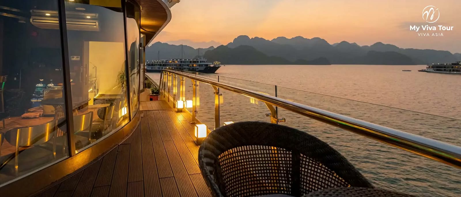 Premium Halong Bay cruise deck at sunset — Luxury & Unique Vietnam 10-Day tour (VLU10)