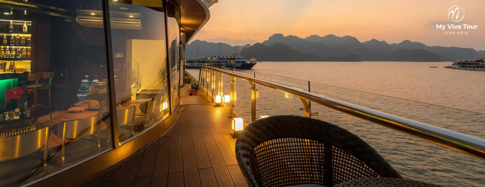 Premium Halong cruise deck at sunset — VLU10 Luxury & Unique Vietnam